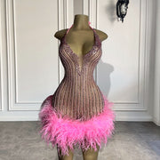 Pink Feather Halter Mini Dress