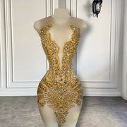 Sexy Sheer See Through Short Prom Dress Golden Diamond Luxury Beaded Crystals Women Cocktail Party Gowns For Birthday