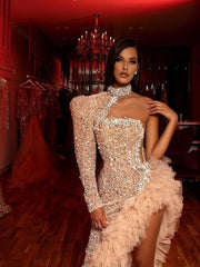 Sexy middle East Prom Dresses Long One Shoulder Beads Sequins Ruffles Sexy high Split  Evening Dress Robe de soiree