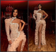 Sexy middle East Prom Dresses Long One Shoulder Beads Sequins Ruffles Sexy high Split  Evening Dress Robe de soiree