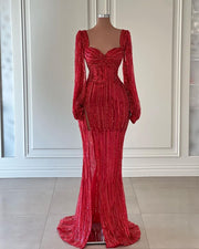 Long Sleeve Evening Dresses 2023 Elegant High Slit Sweetheart Red Sequin Formal Evening Gowns