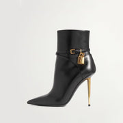 Sexy Metal Lock Decorate Ankle Boots Women Gold Stiletto High Heel Pointed Toe Short Booties Fashion Zipper Boots