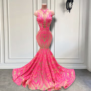 Hot Pink Long Prom Dresses 2023 Sexy Sheer O-neck Sleeveless Sparkly Sequin Prom Party Gowns