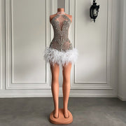 Sparkly Crystal White Feather Mini Dress