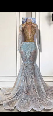 Long Sleeve Prom Dresses 2023 Sexy Sparkly Luxury Mermaid Style See Through Silver Diamon Prom Party Gala Gowns