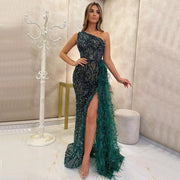 Long Evening Dresses Real Picture One Shoulder Mermaid Sexy High Slit Green Tulle Beaded Party Formal Gowns