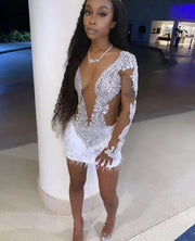 Sparkly Crystals Beaded White Feather Short Prom Dresses 2023 Luxury Sheer Long Sleeve Birthday Party Gowns