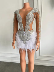 Sparkly Crystals Beaded White Feather Short Prom Dresses 2023 Luxury Sheer Long Sleeve Birthday Party Gowns