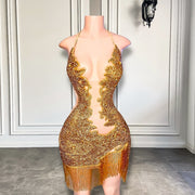 Sparkly Diamond Sexy Sheer See Through Halter Mini Gold Short Prom Dresses 2023 For Birthday Party