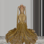 Glamorous Gold Mermaid Prom Dress with Crystal Beading and Cape