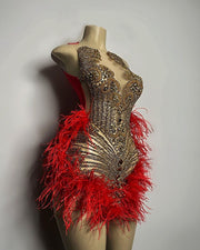 Gold Diamond Red Feather Mini Dress