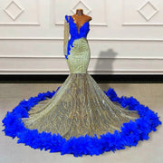 Sparkly Sequin Feathers Mermaid Long Prom Dresses 2023 for Graduation Party Single Sleeve Women Custom Formal Evening Gowns