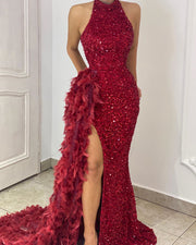 Sparkly Sequin Red Mermaid Long Luxury Evening Dresses Formal Gowns Sexy High Slit Feathers Robe de soirée