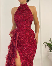 Sparkly Sequin Red Mermaid Long Luxury Evening Dresses Formal Gowns Sexy High Slit Feathers Robe de soirée