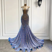 Sparkly Silver Crystals Luxury Diamond Light Blue Velvet Sequined Long Prom Dresses 2023