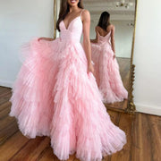 Summer Fashion Pink V-Neck Floor-Length Tulle Long Formal Evening Dresses/Wedding Party Prom Gowns Tiered Pleats Free Shipping