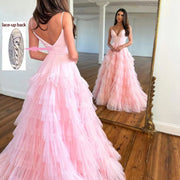 Summer Fashion Pink V-Neck Floor-Length Tulle Long Formal Evening Dresses/Wedding Party Prom Gowns Tiered Pleats