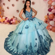 V-Neck Quinceanera Dresses Tiered Ruffles Appliques Sequined Beading Princess Party Prom Sweet 15 Pageant Ball Gown Sleeveless