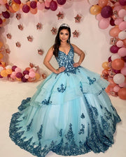 V-Neck Quinceanera Dresses Tiered Ruffles Appliques Sequined Beading Princess Party Prom Sweet 15 Pageant Ball Gown Sleeveless