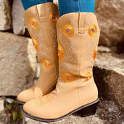 Women Boots Autumn Sunflower Embroider Boots Pointed Toe Slip On