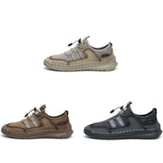 Spring Summer Leather Mesh Casual Shoes Men Slip on Elastic Band Low Top Sneaker Fashion Round Toe Solid High Quality Breathable