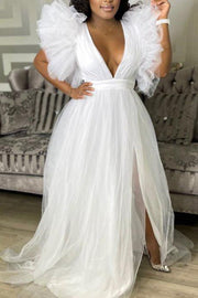 Spring Summer Plus Size Tulle Slit Evening Dress Women Loose Unique Large Swing Trailing Skirt Wedding Bridesmaid Layered Ruffle