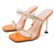 Eilyken Summer Fashion Chain Decoration PVC Transparent Strap Ladies Slippers Square Toe Sandals Women Stiletto High Heels Shoes