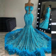 Glitter Blue Mermaid Long Prom Dresses 2023 Sexy Sheer Top Sparkly Sequin Feathers Women Party Gowns
