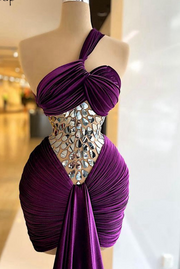 Long Elegant Evening Dress 2022 One Shoulder Sparkly Crystals Pleat Purple Velvet Formal Evening Gowns